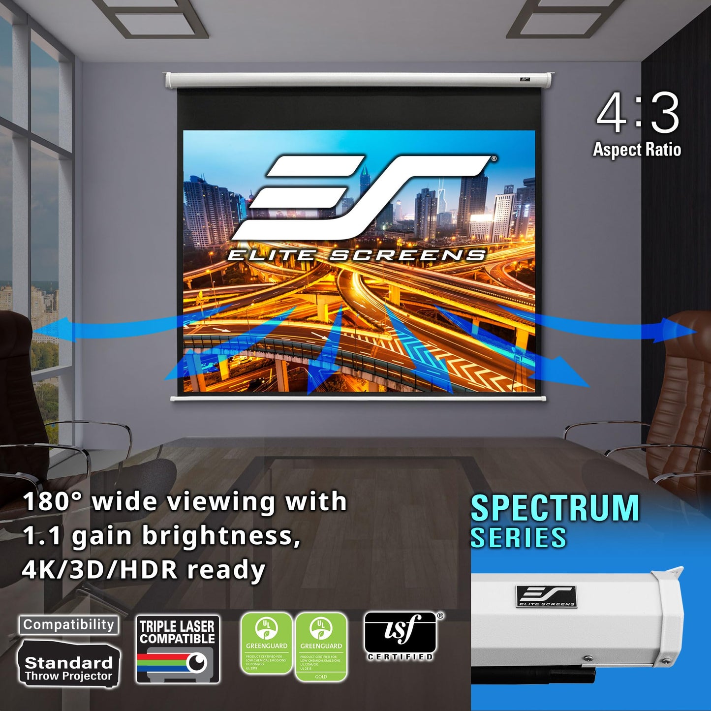 Elite Screens Spectrum 120-Inch 4:3 Electric Motorized Projector Screen, 4K/8K Ultra HD Ready, Home Theater, Classroom & Office, White Case, ELECTRIC120V