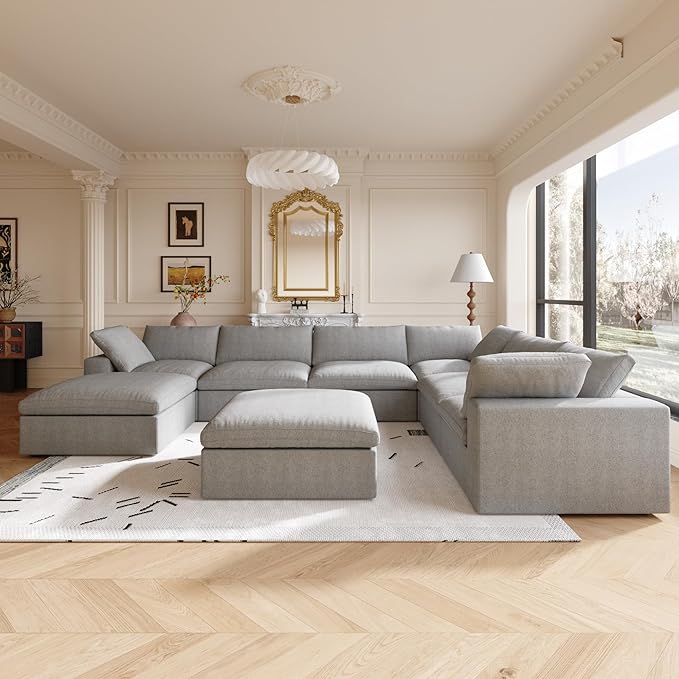 Cloud Modular Sectional Sofa,Down Filled U Shaped Couch for Living Room,Oversized 8 Seater Living Room Sets Minimalist Wide Deep Seat Convertible Couches,Sofa Cover Washable & Removable (Grey)