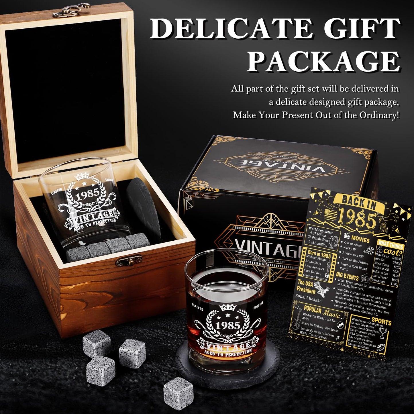 YeohJoy 40th Birthday Gifts for Men,Vintage 1985 Whiskey Glass Set,Wood Box & Whiskey Stones & 1985 Poster Anniversary Card & Coaster,Birthday Gifts Ideas for Him,Husband,Dad