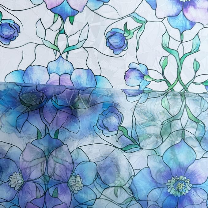 Etched Window Privacy Film Blue Purple Floral Sliding Glass Door Tint No Glue Static Cling Decals 3D Rainbow Decorative Covers Iridescent Anti UV Removal DIY Home Office,17.5X78.7in.