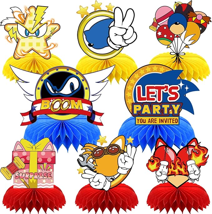 8Pcs Blue Hedgehog Party supplies set Honeycomb Centerpieces Double Sided Table Topper for Birthday Decorations