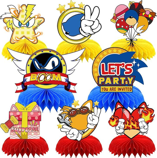 8Pcs Blue Hedgehog Party supplies set Honeycomb Centerpieces Double Sided Table Topper for Birthday Decorations