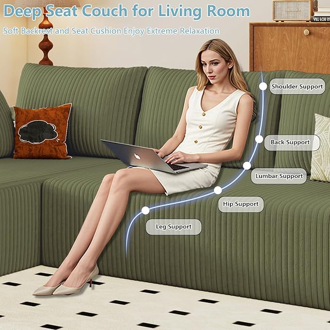 96" Cloud Sectional Couch with L-Shape Chaise, Modern Corduroy Boneless Couch for Living Room,Memory Foam Sofa with Deep Seat,No Assembly Required (Green,Left-Facing Chaise)