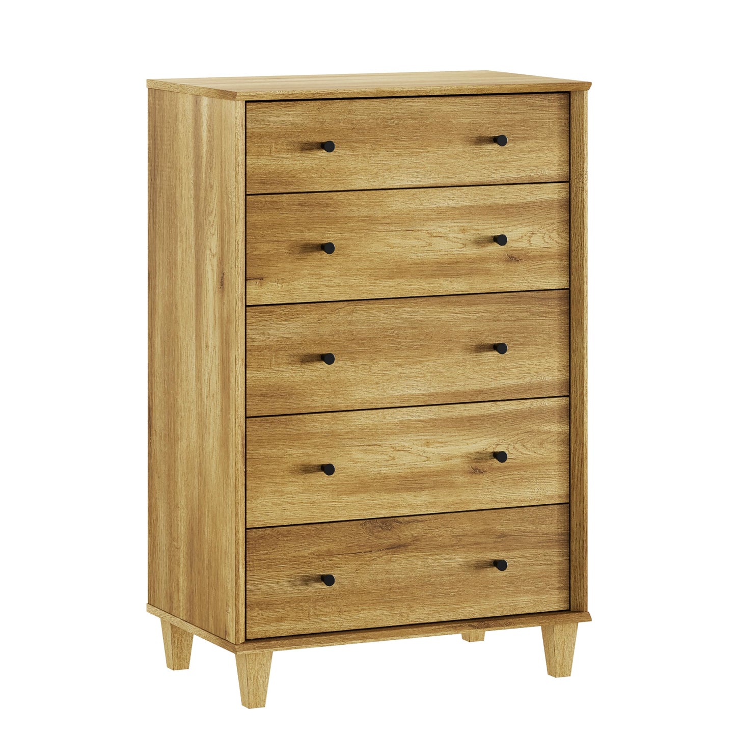 FENSULN 5 Drawer Dresser for Bedroom, Tall Modern Chest of Drawers, Beveled Profile Design, Wood Drawer Organizer for Bedroom, Living Room, Hallway and Entryway,Oak