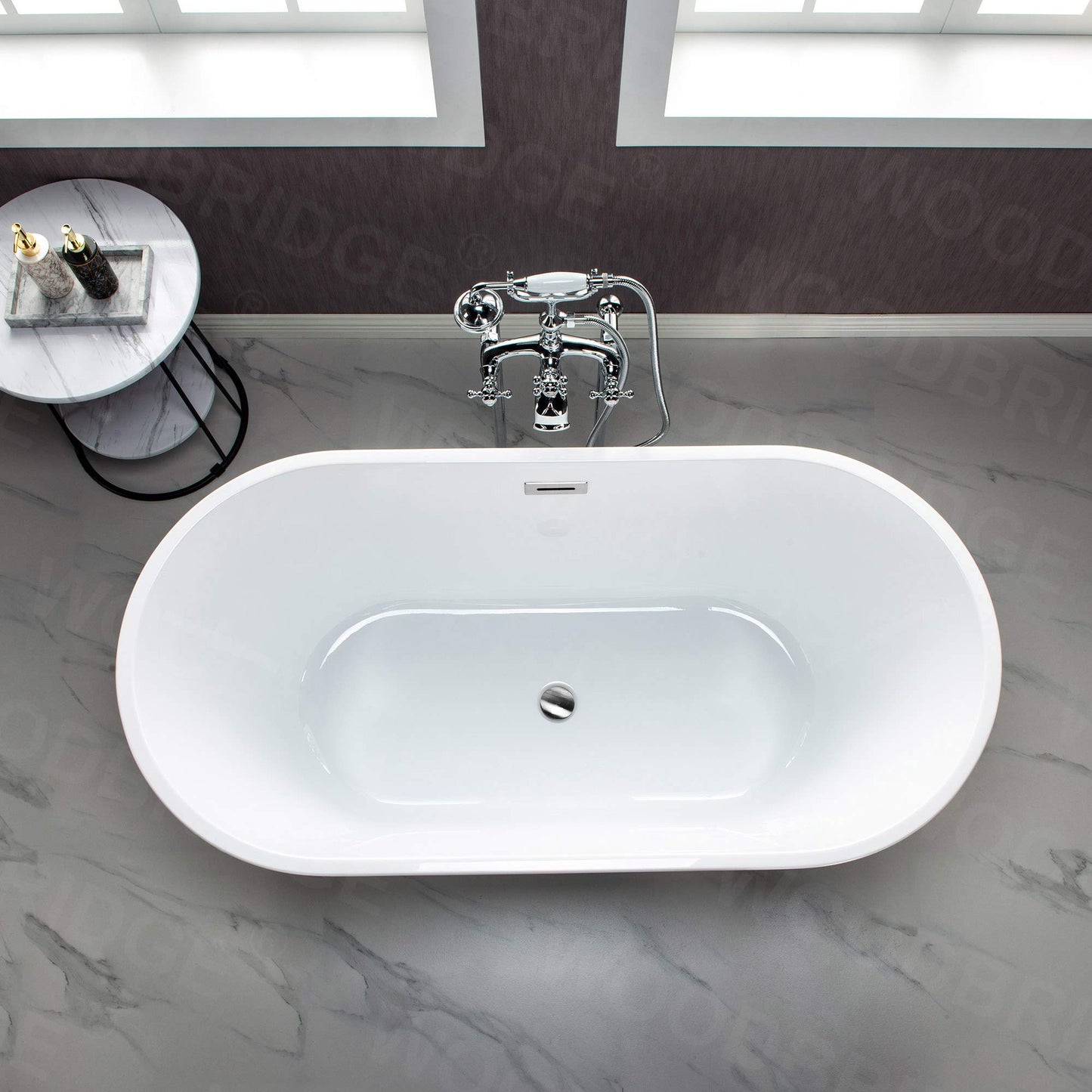 WOODBRIDGE 59"Freestanding White Acylic Soaking Bathtub with White Pillow,Drain and Overflow inChrome,BTA1536 -C-Drain &O+ Pillow