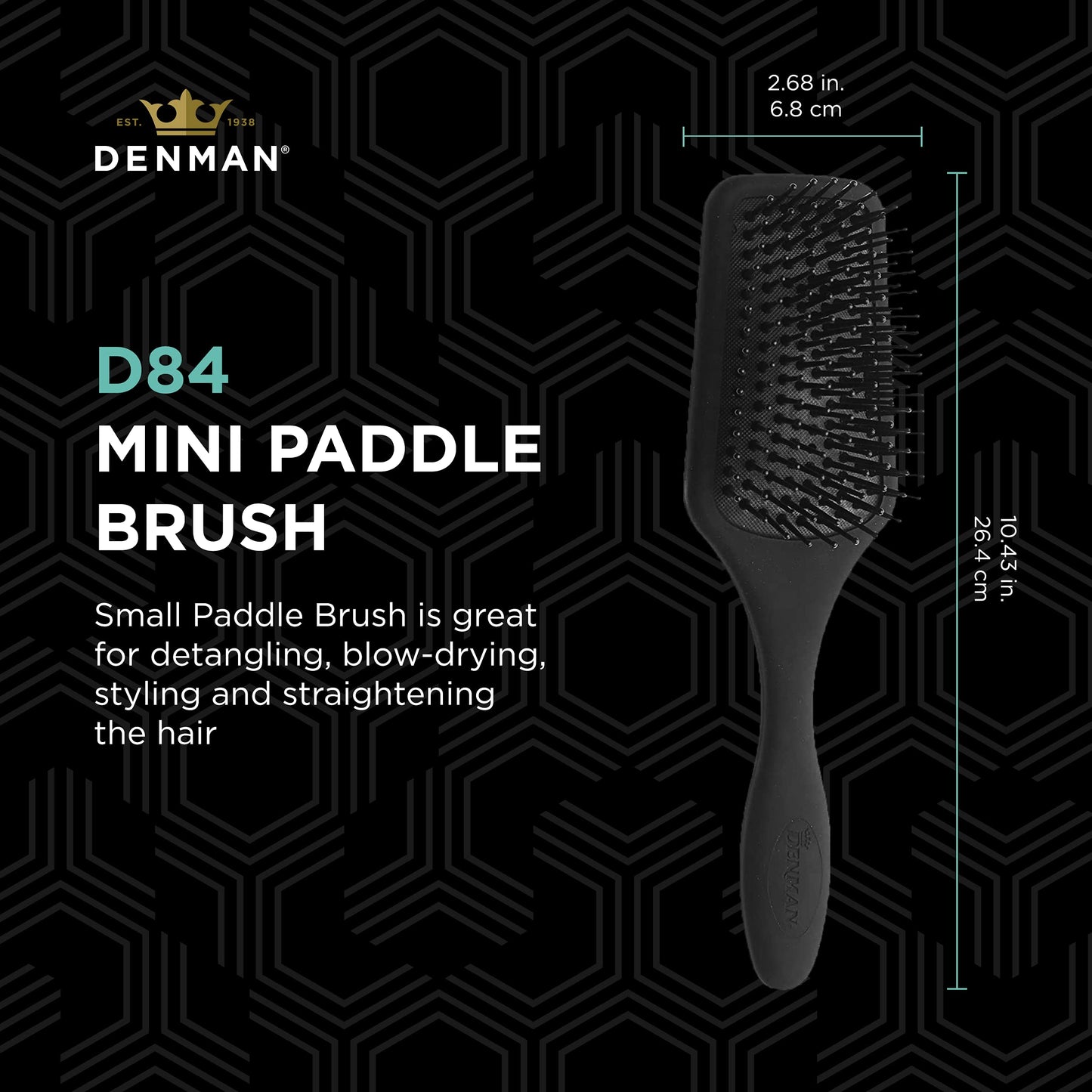 Denman (Black) Mini Paddle Cushion Hair Brush for Blow Drying, Detangling & On the Go Travel - Comfortable Styling, Straightenin