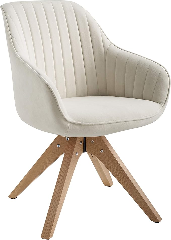 Art Leon Mid Century Modern Dining Chair - Fabric Upholstered Swivel Dining Chair, Kitchen Dining Room Chair with Oak Wood Legs, Leisure Side Chair with Arms, Off White