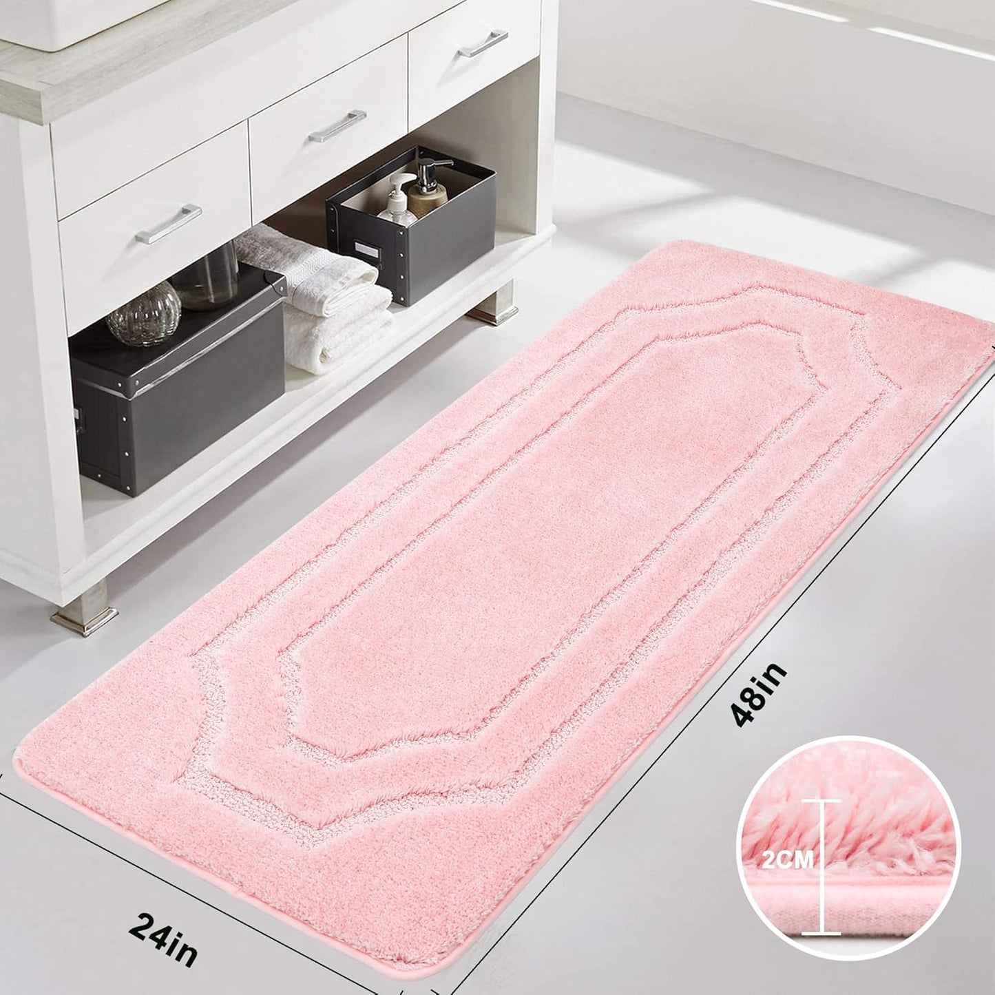 BEQHAUSE Bath-Rugs Non-Slip Bath Mat Soft Absorbent Polyester Microfiber Pink Shaggy Shower Mat for Bath/Shower/Sink 24" x 48"