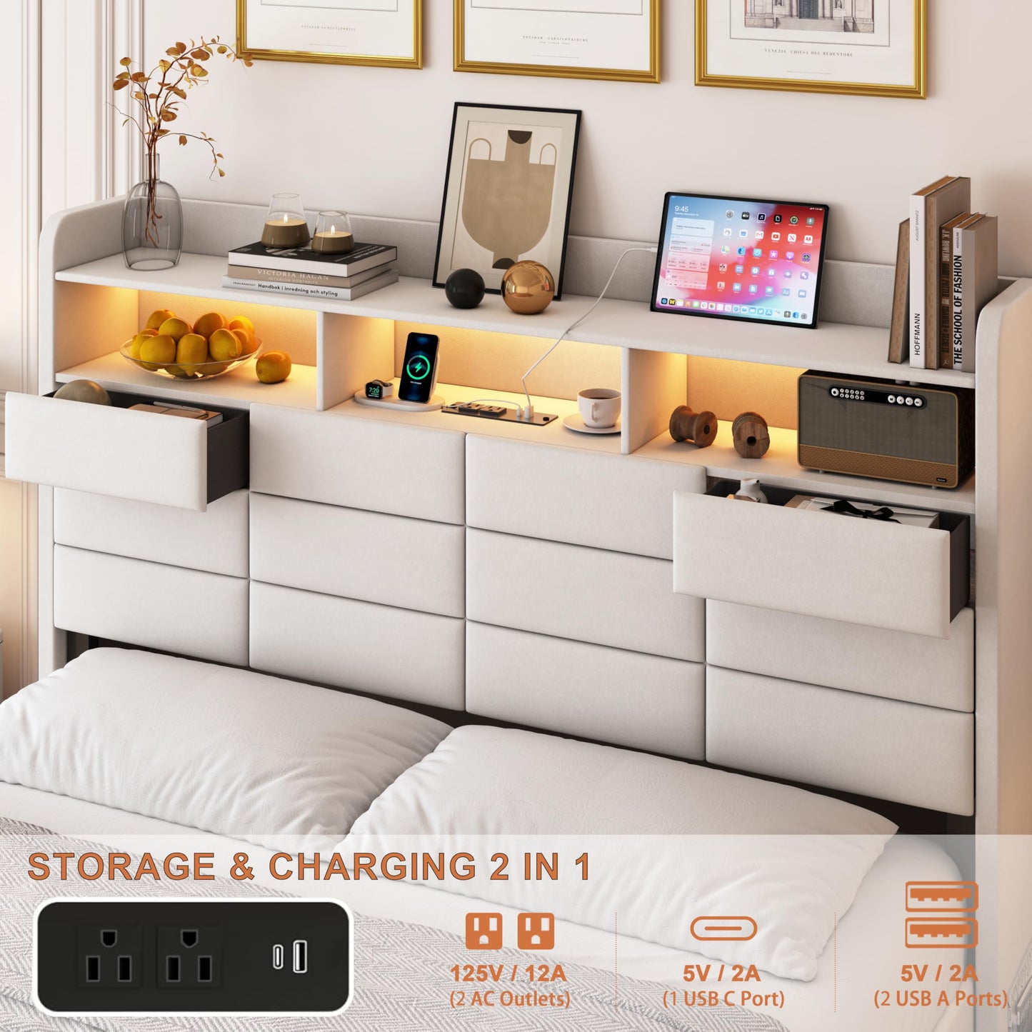 Etditrnp LED Bed Frame Queen Size with Storage Headboard, 2 Hidden Drawers and Charging Station, Velvet Bed Frames with Led Lights, Wooden Slats Support, Easy Assembly, No Box Spring Needed, Beige