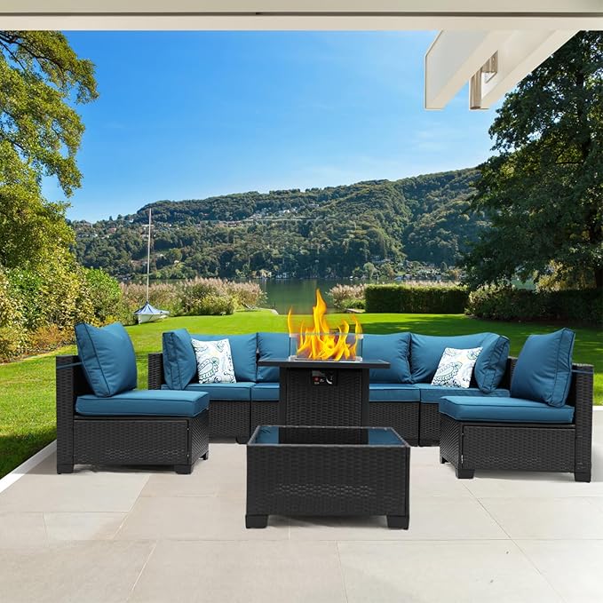 3D MATRIX 8 Pieces Patio Furniture Set with 28" Fire Pit Table, Wicker Outdoor Sectional Couch, Rattan Conversation Set for Backyard, Deck, Garden Lawn, Coffee/Peacock Blue