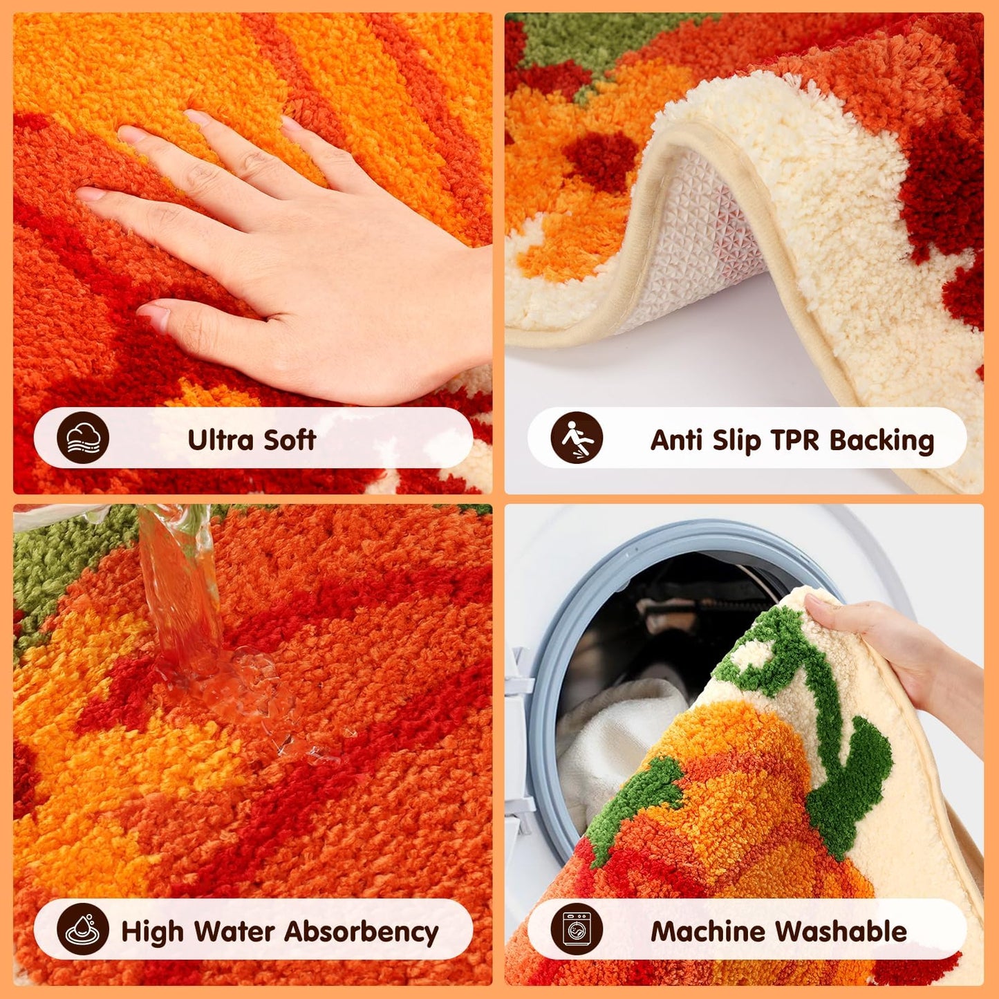 Percozzi Fall Pumpkin Bathroom Rug, Bath Mat Water Absorbent Non-Slip Washable for Shower Tub Bedside Floor Small Tufted Carpet Halloween Thanksgiving Accent Area Rug Decoration