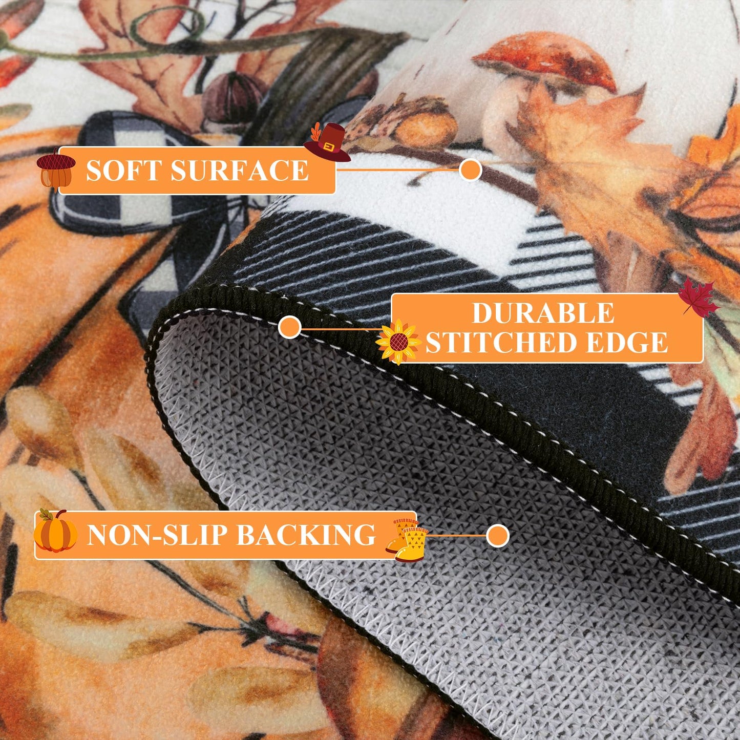 SHACOS Fall Orange and Blue Pumpkin Rugs 32x48 Buffalo Plaid Leaves Autumn Harvest Front Door Mat Non-Slip Entrance Floor Mat Thanksgiving Day Decorations for Home, 2'8" x 4'