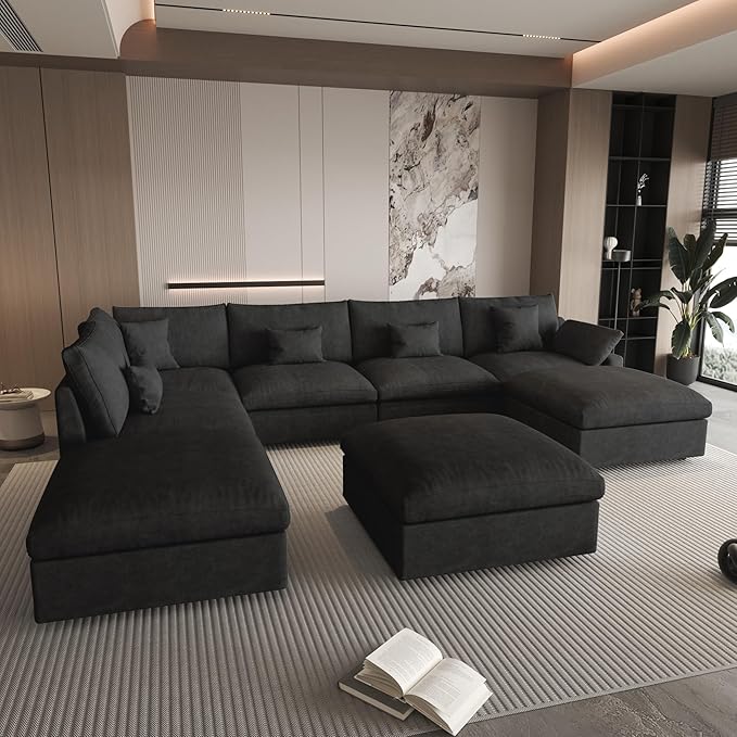 WJShome Cloud Couch for LivingRoom,190" U Shaped Modular Sectional Sofa with Ottoman,Down Filled 9 Seater Convertible Sleeper Sofa Bed Oversized Furniture Sets,Black