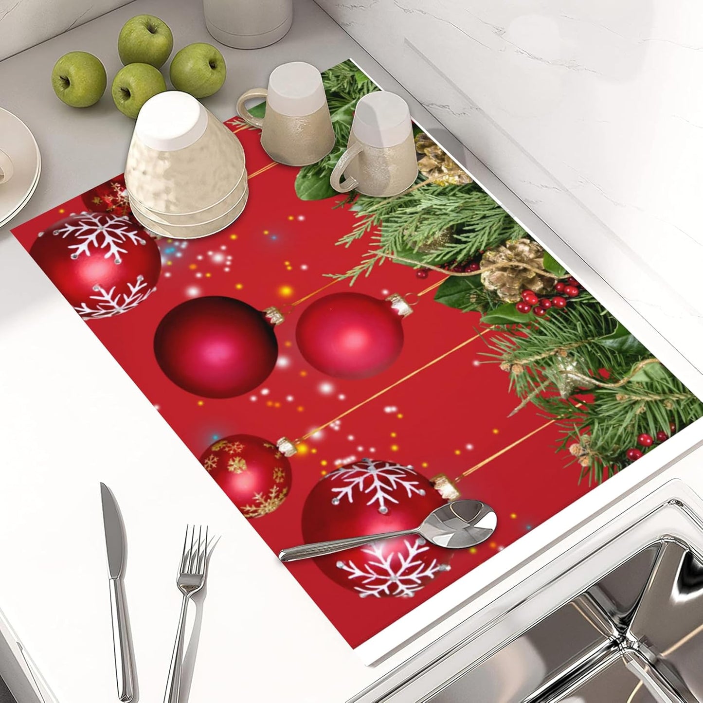 Large Dish Drying Mat for Kitchen Counter,Christmas Tree and Red Balls Dish Drying Mat,Merry Christmas Dish Drainer Mat Drying Pad Super Absorbent Reversible Microfiber for Kitchen Coffee Bar 18"X24"