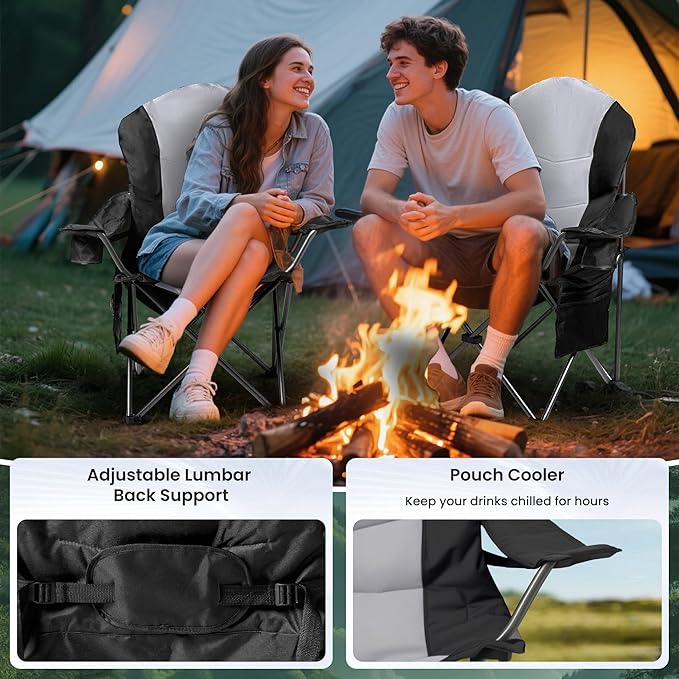 Foristrail 2 Pack Folding Camping Chairs for Adults - High Back Padded Outdoor Lawn Chairs with Lumbar Support & Cup Holder, 400lbs Heavy Duty Portable Camping Chairs Set (Light Black & Gray, 2 PCS)