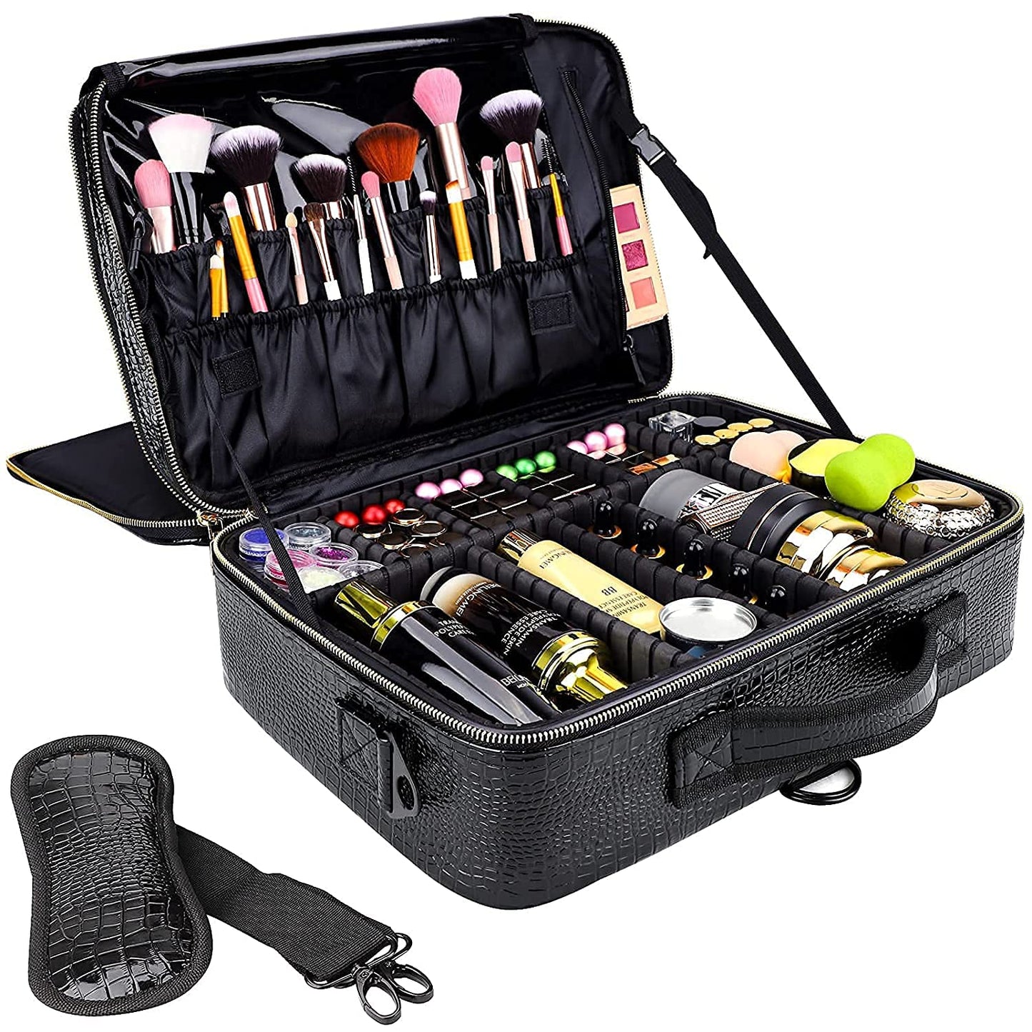 gzcz Travel Makeup Case 16" Large Cosmetic Bag Organizer Professional Portable PU Leather Makeup Storage Case Artist Box with Adiustable Dividers & Strap (L-Crocodile Pattern)