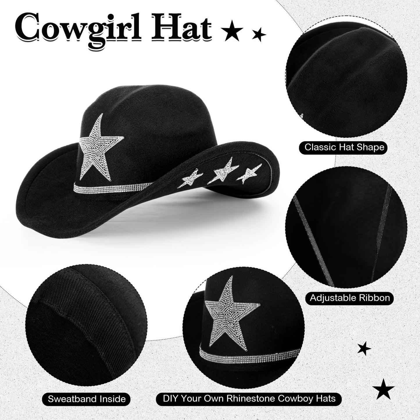 Tiamon Western Costume Accessories for Women Cowgirl Tassels Fringe Vest Cowboy Hat Rhinestone Earrings Glasses Paisley Bandana 70s Hippie Outfits(Black)
