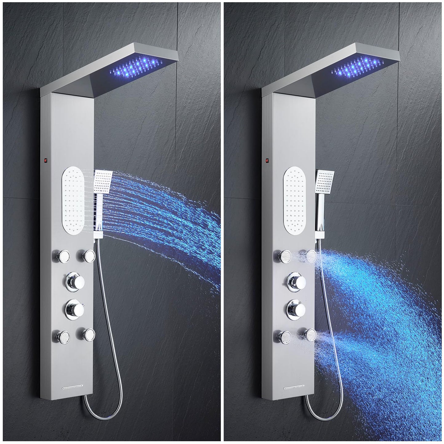 MENATT Luxury Shower Tower System with LED Shower Head, 5 Functions Shower Panel Tower System with 4 pcs Body Massage Jets,Body Waterfall Spray, Handheld Shower and Tub Spout, Brushed Finish