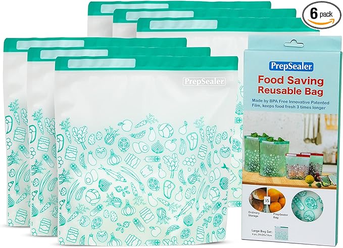 PrepSealer Keep Food Fresh Longer Food Saving Reusable Bag (6 Pieces (Large))