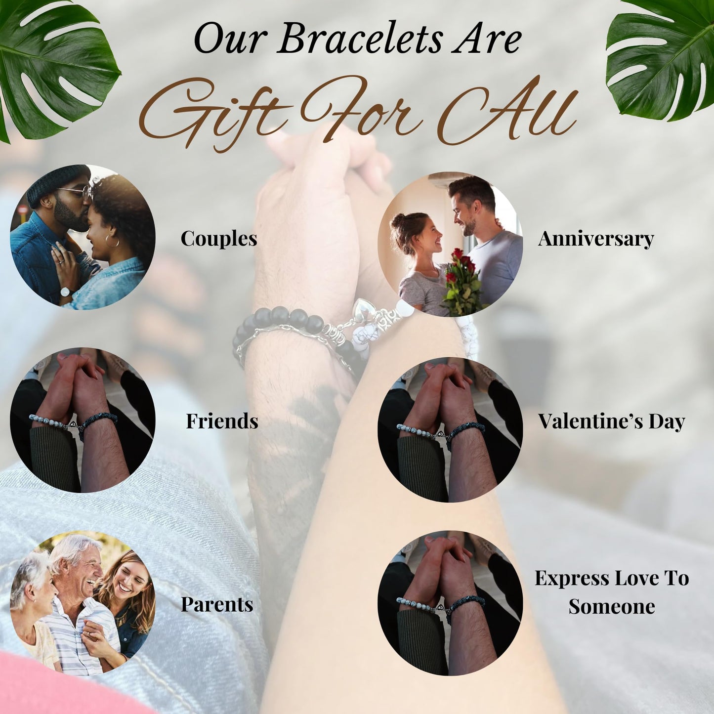 Jexiva Set Of 2 Matching Couple Bracelets Magnetic Heart - Stone Beads, Stretch, Unisex Anniversary, Express Love, Valentine, Long Distance, Christmas Gift (Black+Howlite, Without Giftbox)