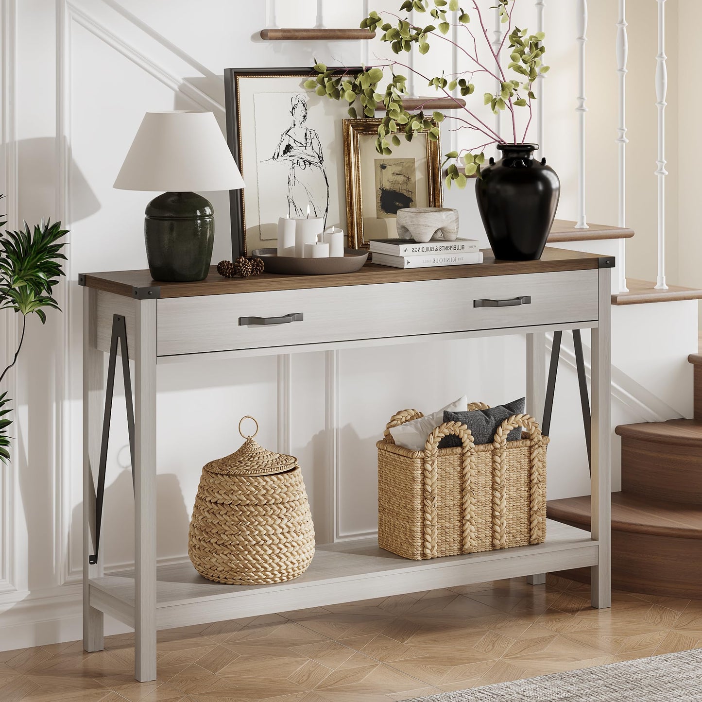 ChooChoo 47'' Farmhouse Console Table with Drawer, Entryway Table with Storage Shelf, Rustic A-Design Sofa Table for Hallway, Entrance, Living Room, White&Brown