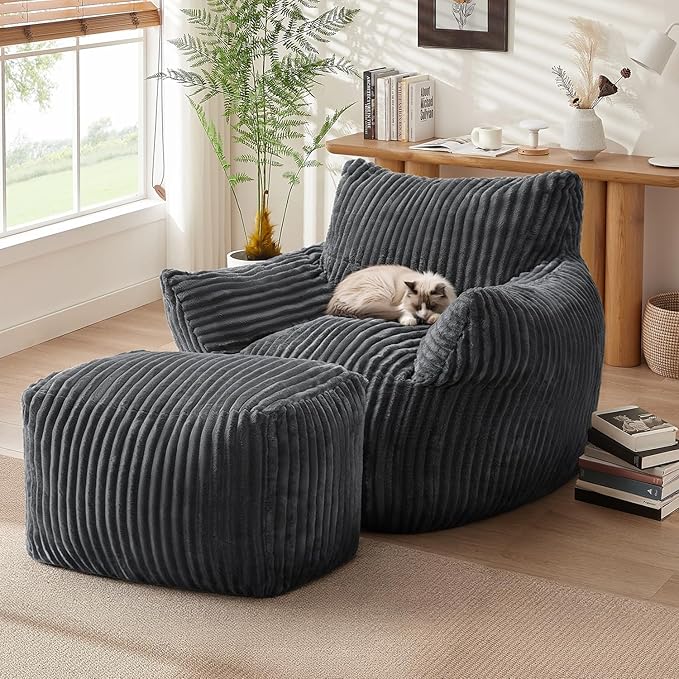 JULY'S SONG Bean Bag Chair with Ottoman for Adults, Fluffy Grey Lazy Couch Sofa Chair with Armrests for Living Room, Bedroom & Dorm