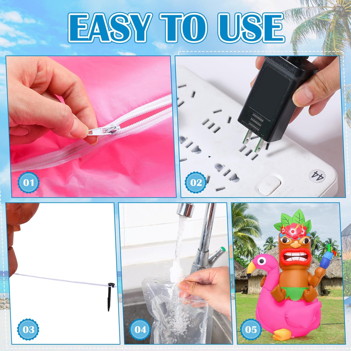 Shappy 5 ft Inflatable Tiki Flamingo Surfboard Luau Hawaiian Party Decorations Summer Inflatables Outdoor LED Lighted Tiki Blow up Beach Tropical Pool Surfing Yard Party Supplies Favors(Delicate)