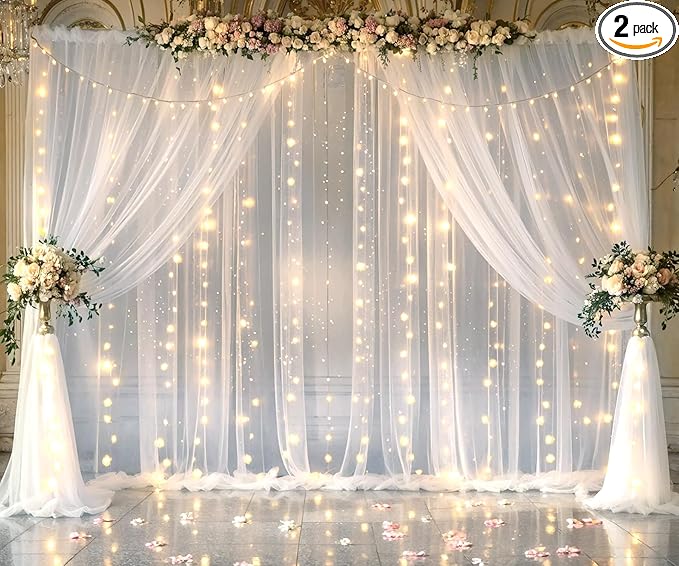 20ft X 10ft White Tulle Wedding Backdrop Curtains with Lights String 4 Panels Sheer Backdrop Curtains for Parties Bridal S...