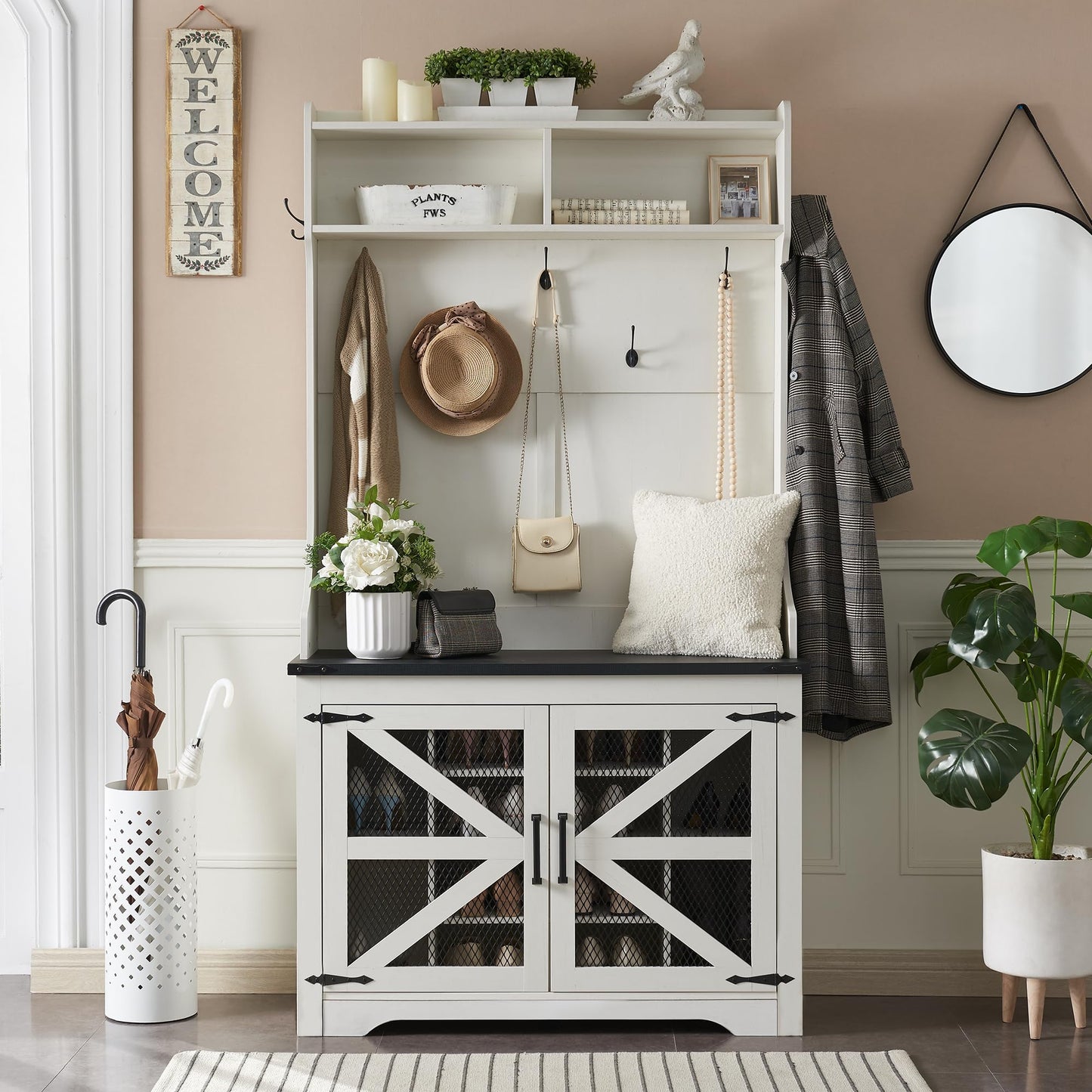 JXQTLINGMU 42" Farmhouse Hall Tree with Shoe Storage, Entryway Bench with 12 Cubbies, 7 Hooks & Barn Doors, Mudroom Coat Rack Cabinet, Off White