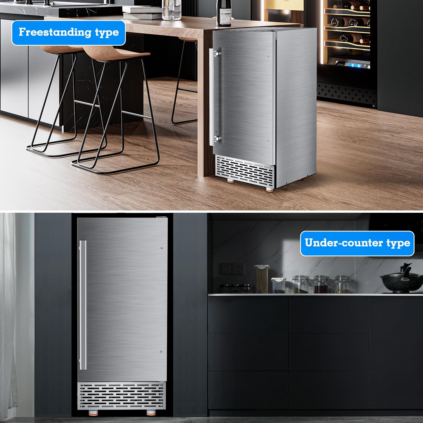 Ice Maker Commercial Under Counter Ice Maker Machine 88Lbs/Day with 55Lbs Storage, 15" W Stainless Steel Freestanding Ice Maker 40Ice/Cycle, Self-Cleaning for Home Restaurants Bars