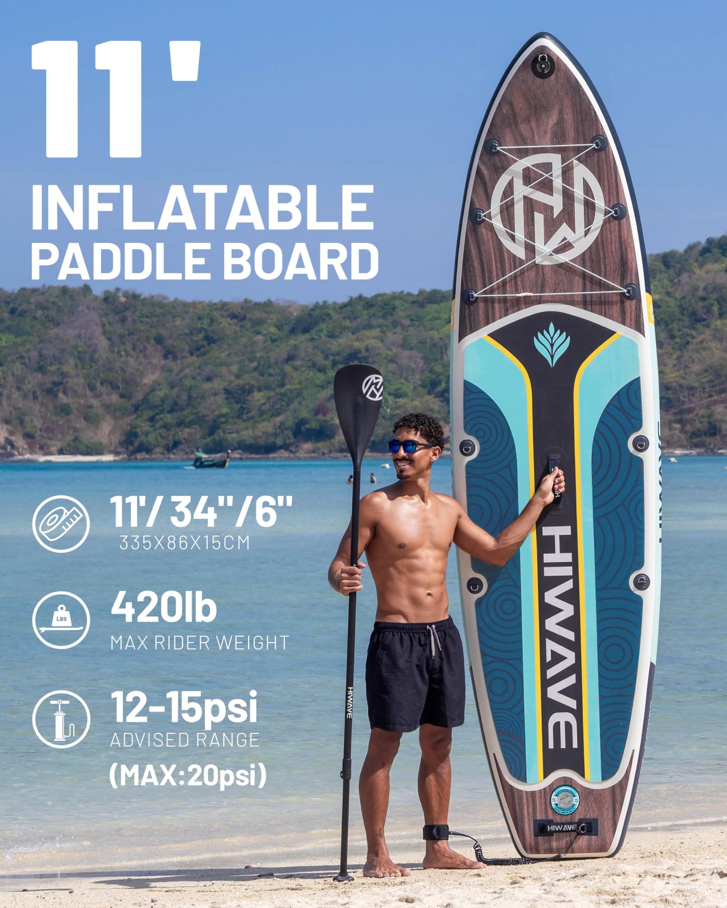 Hiwave Inflatable Stand Up Paddle Board 11’*34”*6” Sup Board,420lbs Capicity, Pet Friendly Paddle Board for Ocean&Lake, w/3pcs Adjustable Paddle