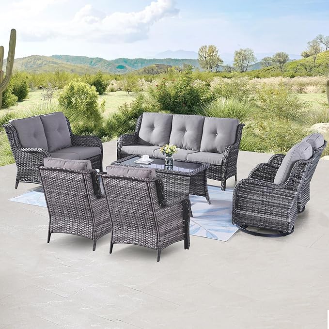 Belord Outdoor Wicker Furniture Patio Set - 7 Piece Backyard Furniture Grey Rattan Conversation Sets with Swivel Rocker Chairs, Rattan Sofa, Club Chairs and Coffee Table, Grey Cushion