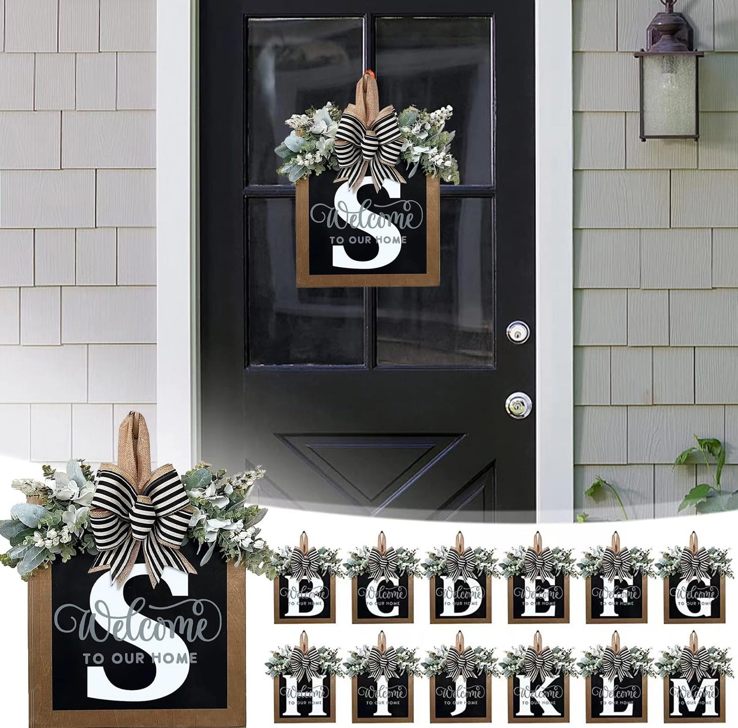 Last Name Year Round Front Door Wreath Front Porch Decoration 26 Letter Welcome Sign with Eucalyptus Garland and Bow Spring Wreaths for Front Door Outside Hanger Garland（S）