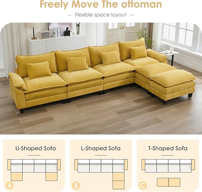 URRED Cloud Couch Modular Sectional Sofa, 157" Modern U Shaped Deep Seat Sofa with 2 Ottomans & Pillows, Ultra Comfy Chenille Couches for Living Room, Bedroom or Apartment, Yellow