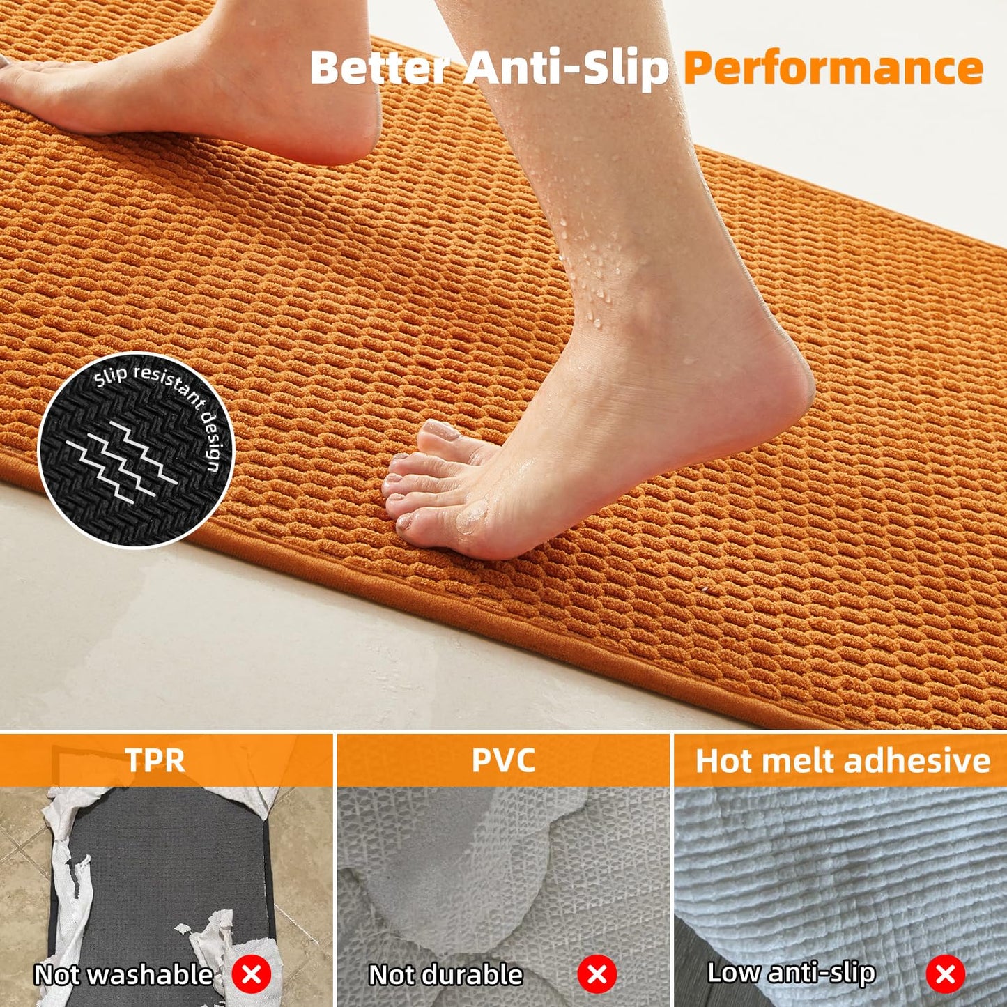 Bathroom Rugs Non Slip Washable, Super Absorbent Thin Bath Mat Small Quick Dry Low Pile Bathroom Rug, Orange 16"x24"