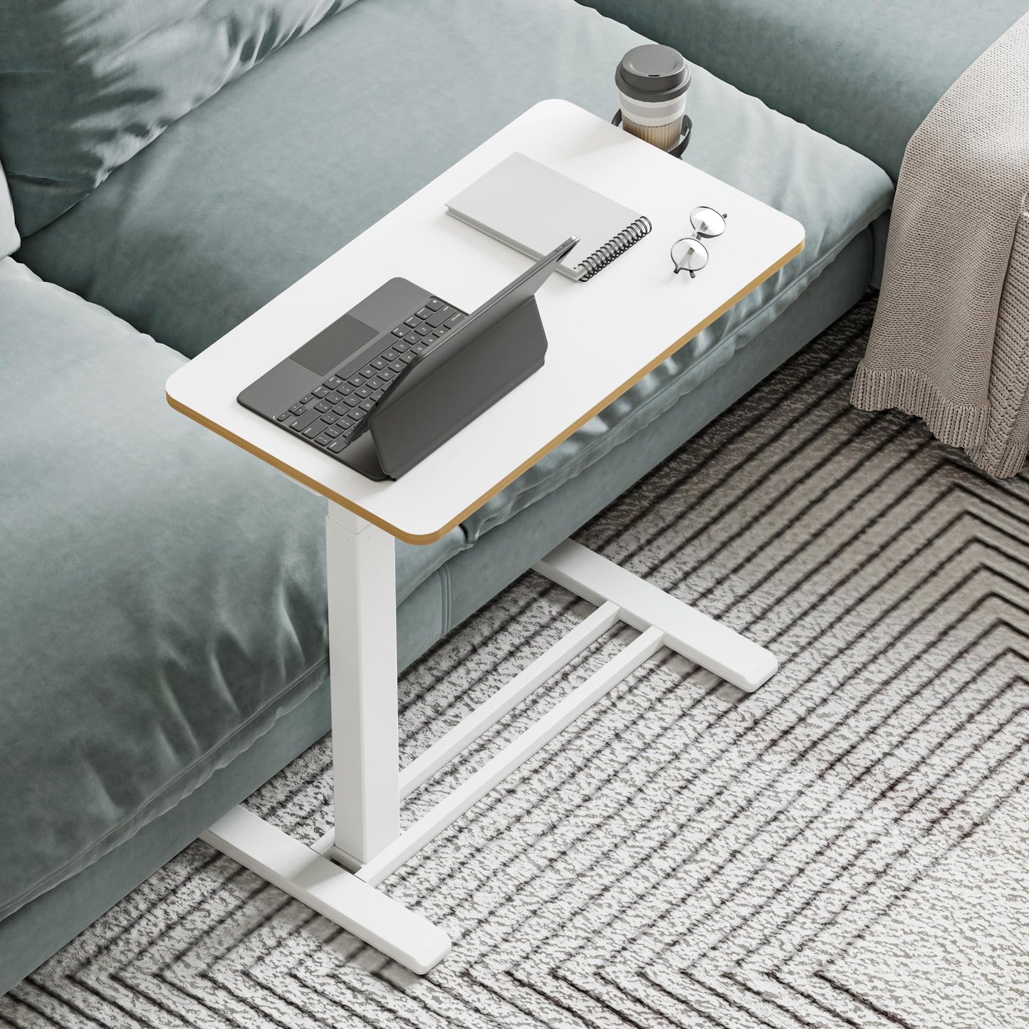 FitStand Medical Overbed Adjustable Bedside Table with Hidden Casters, Pneumatic Mobile Rolling Laptop Standing Desk with Tray for Home and Hospital Use, White