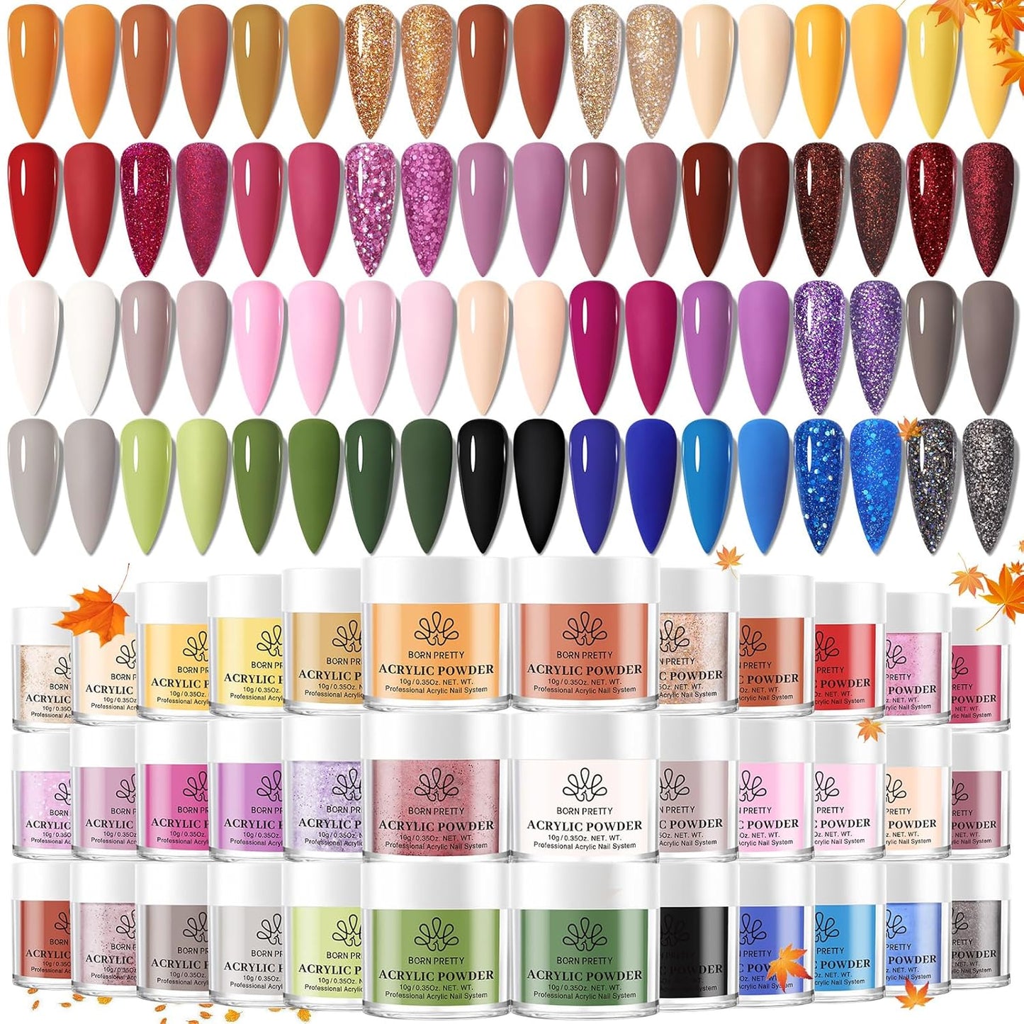 BORN PRETTY Acrylic Powder Set 36 Colors Fall Winter Acrylic Nail Powder Red Purple Green Blue Professional Polymer 3D Nail Art Kit for French Extension Carving Gift Set