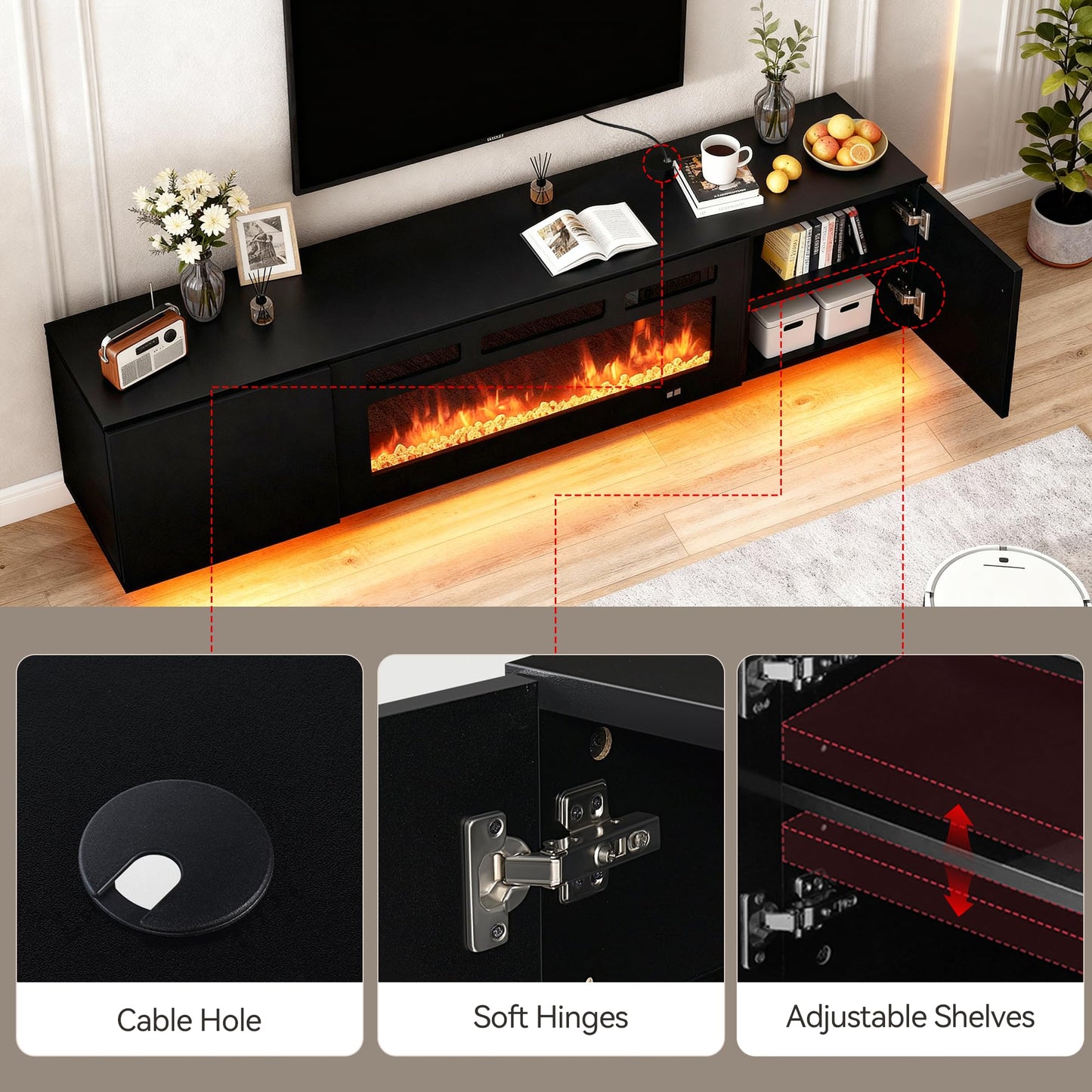MXV 80'' Floating TV Stand with 40" Electric Fireplace, Modern Media Entertainment Center, TV Console Cabinet Wall Mounted with Adjustable 12-Color LED Lights, for Living Room, Black + Black