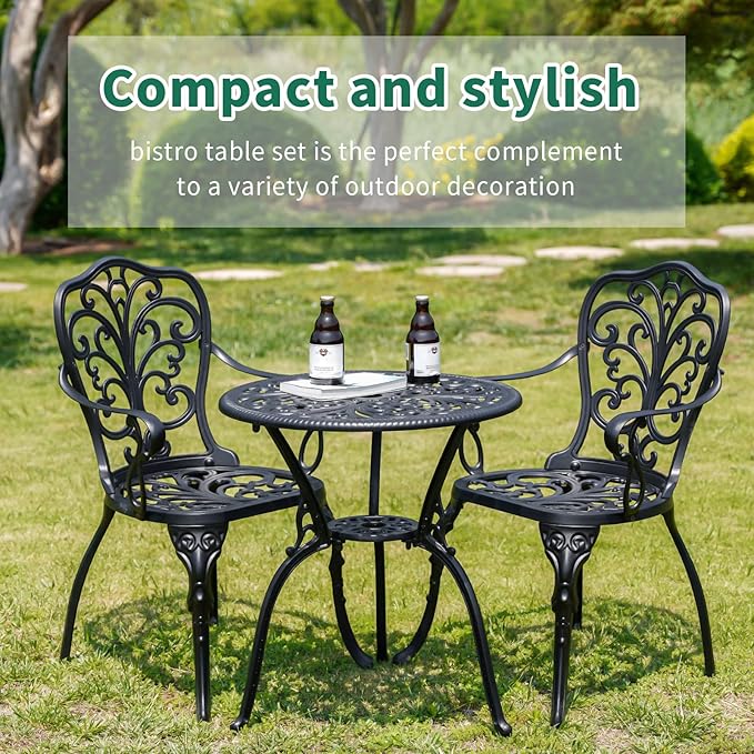 Withniture Bistro Set 3 Piece Outdoor, Cast Aluminum Patio Bistro Sets, Bistro Table and Chairs Set with Umbrella Hole, Black Bistro Table Set for Garden Porch Balcony (Butterfly Black)