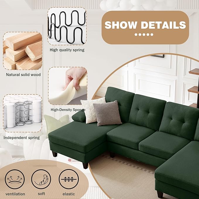 Chireca 111" Sectional Couch for Living Room, Modern Polyester Fibre U Shaped Sofa Couches with Double Chaise, Upholstered 4 Seater Sofa for Living Room, Apartment, Office, Dark Green