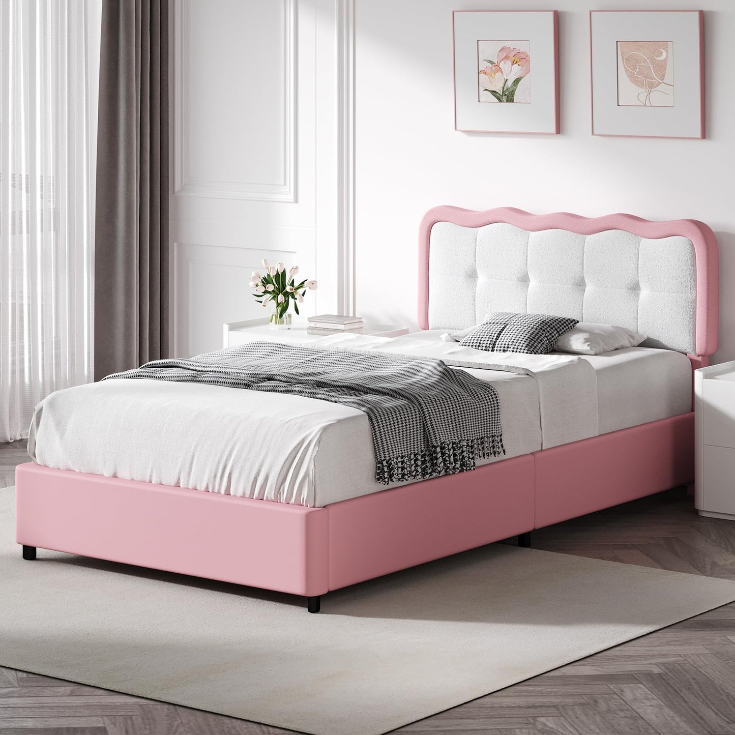 Twin Bed Frame, Upholstered Platform Bed with Cloud Headboard, Anti-Collision Soft Rounded Corners, No Box Spring Required, Easy Assembly, Pink