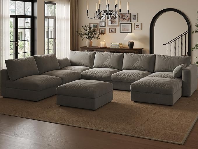Cloud Modular Sectional Sofa Couch with Storage Ottoman, 128" Oversized Sectional Couches for Living Room, Cloud Modular U-Shaped Sofa with Chaise, 8 Seater, Chenille, Light Gray