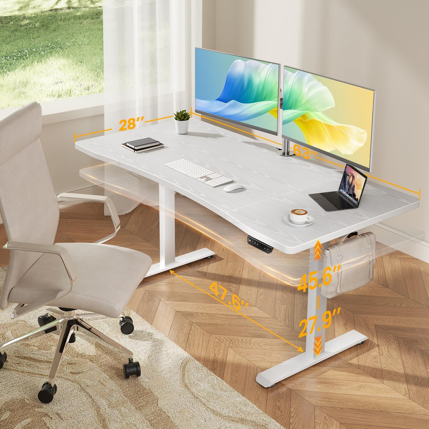 Veken 63 x 28 Inch Electric Standing Desk, Sit to Stand Up, Work Home Office Computer Table for Study, Walking Pad, Writing, and Games, Wooden Desktop Desks, White