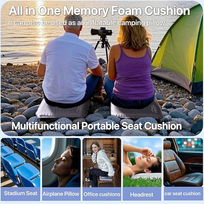 LEOVITA Inflatable Seat Cushion Lightweight Self-Inflating Memory Foam Cushion for Stadium Camping Bleachers Airplane Travel Waterproof Portable Blow Up,Gray