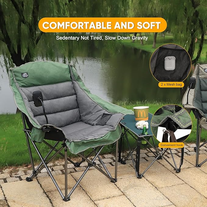 LANMOUNTAIN Oversized XL Folding Camping Chair,Heavy Duty Support 400Lbs,Large Comfy Padded Camp Chair for Adults,Lawn Arm Chair w/Cup Holder,Phone Holder,Carry Bag Perfect for Outdoor (Green)