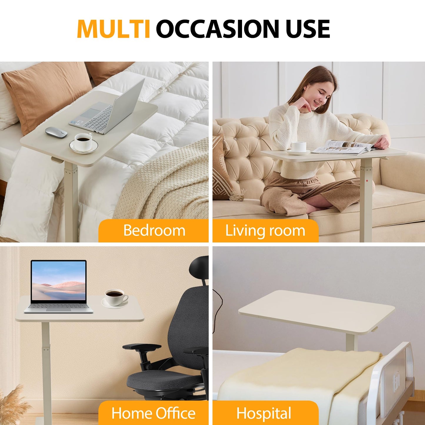 JYouHome Height Adjustable Overbed Table with Hidden Wheels, Mobile Standing Desk Hospital Bed Table Laptop Bedside Sofa Side Table, 16" D x 28" W Multi-Purpose Rolling Overbed Table, Greyish White