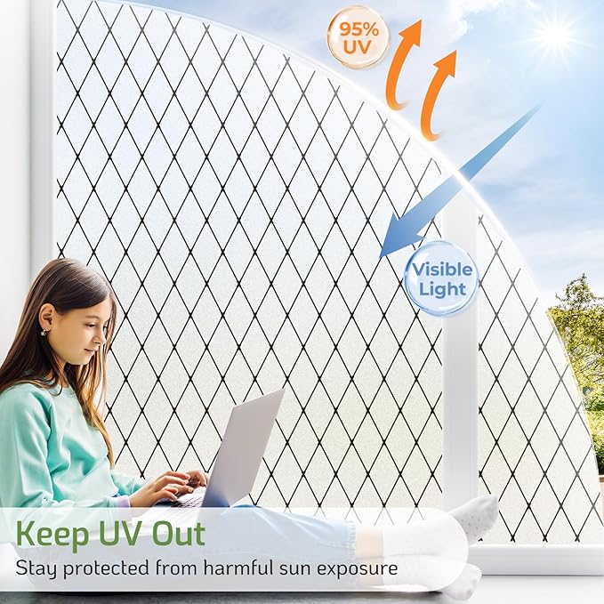 LUTE Frosted Window Privacy Film, Static Cling UV Sun Blocking Heat Control Window Cover, Removable Non-Adhesive Glass Sticker Vinyl Decorative Bathroom Frosting Decals, Black Lattice, 23.6" x 78.7"