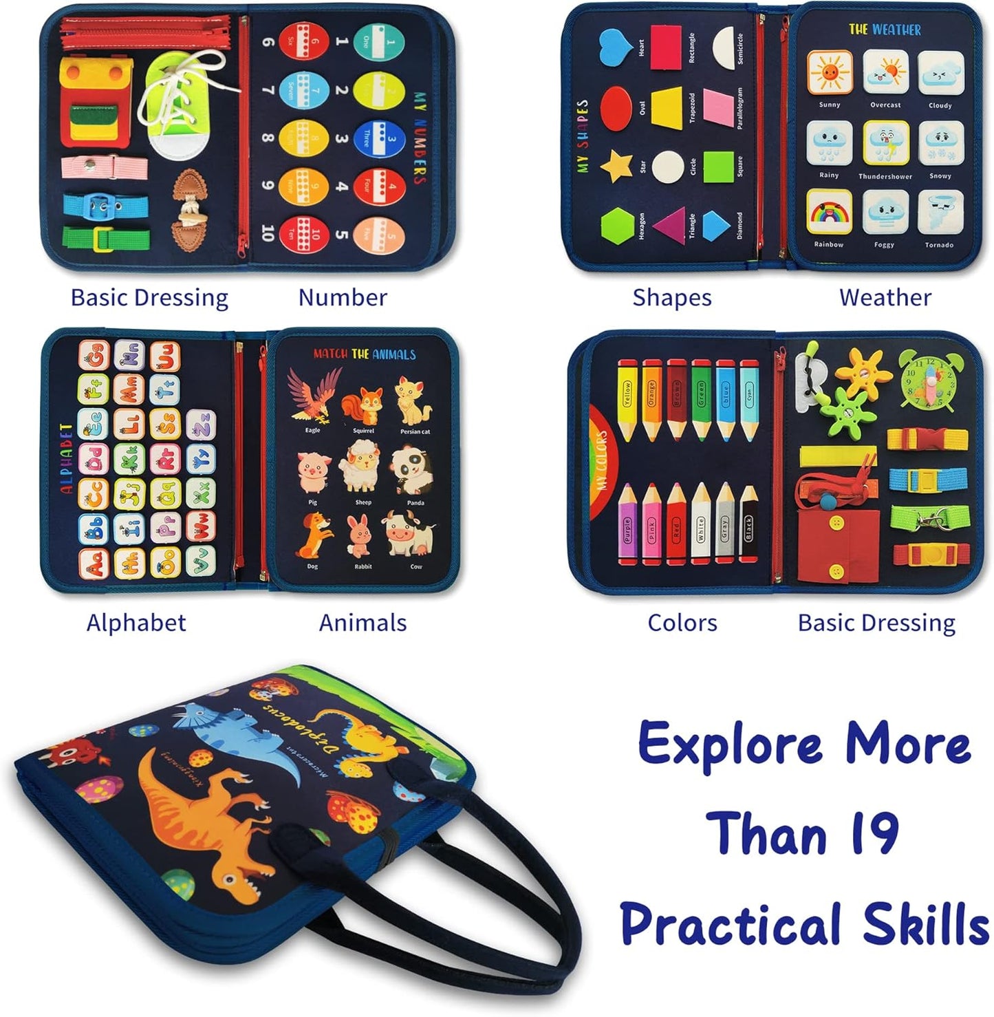 Busy Board - Dinosaur Montessori Toys for 3 4 5 Year Old - Sensory Toys for Autistic Children - Toddler Travel Toys - Busy Book for Toddlers Activities as Boys Girls Gift