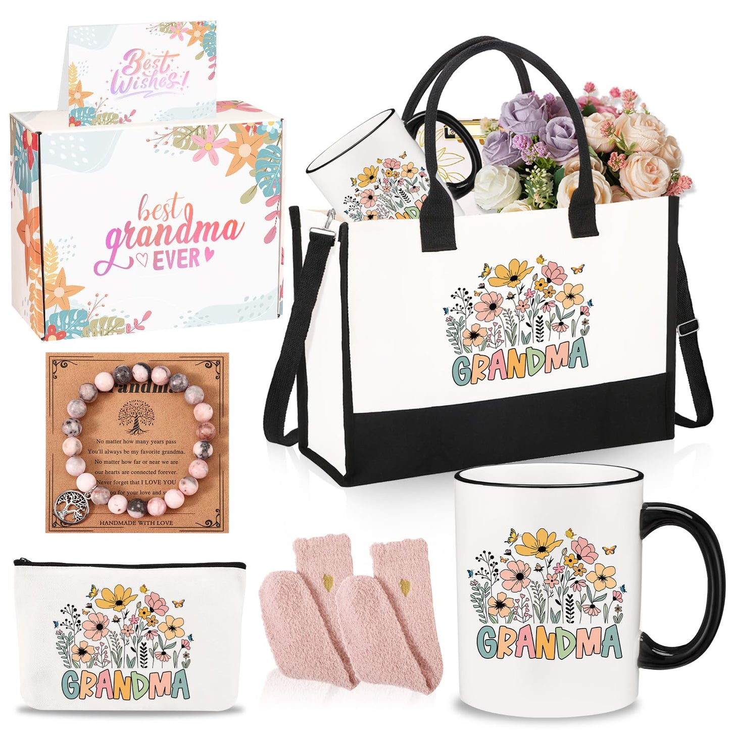 4MELLY Grandma Gifts Grandmather Birthday Gifts from Granddaughter Grandson Best Grandma Ever Coffee Mugs Gift Box Christmas Thanksgiving Ideas Gift for Grandmather