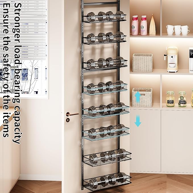 Over The Door Pantry Organizer, 8-Tier Over The Door Organizer with Adjustable Baskets, Metal Hanging Spice Rack for Pantry Organizers and Storage, Suitable for Kitchen Laundry Room & Bathroom,Black